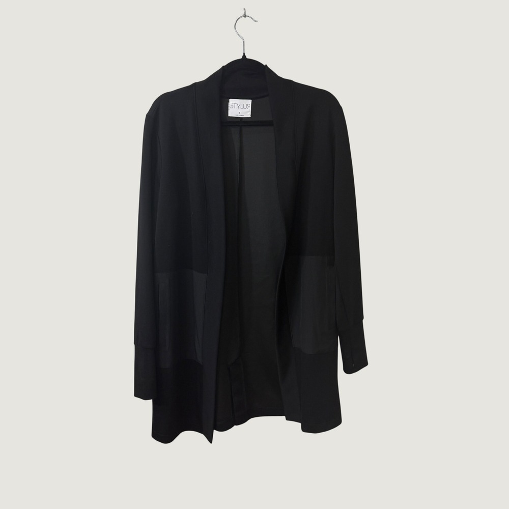 Stylus Cardigan Sweater Womens S Black Open Front Longline Pockets Knit Stretch